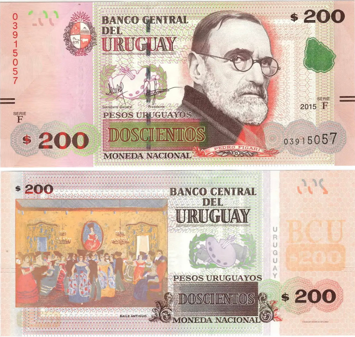 URUGUAY 200 Pesos Uruguayos UNC Banknote (2015) P-96 Series F Paper Money