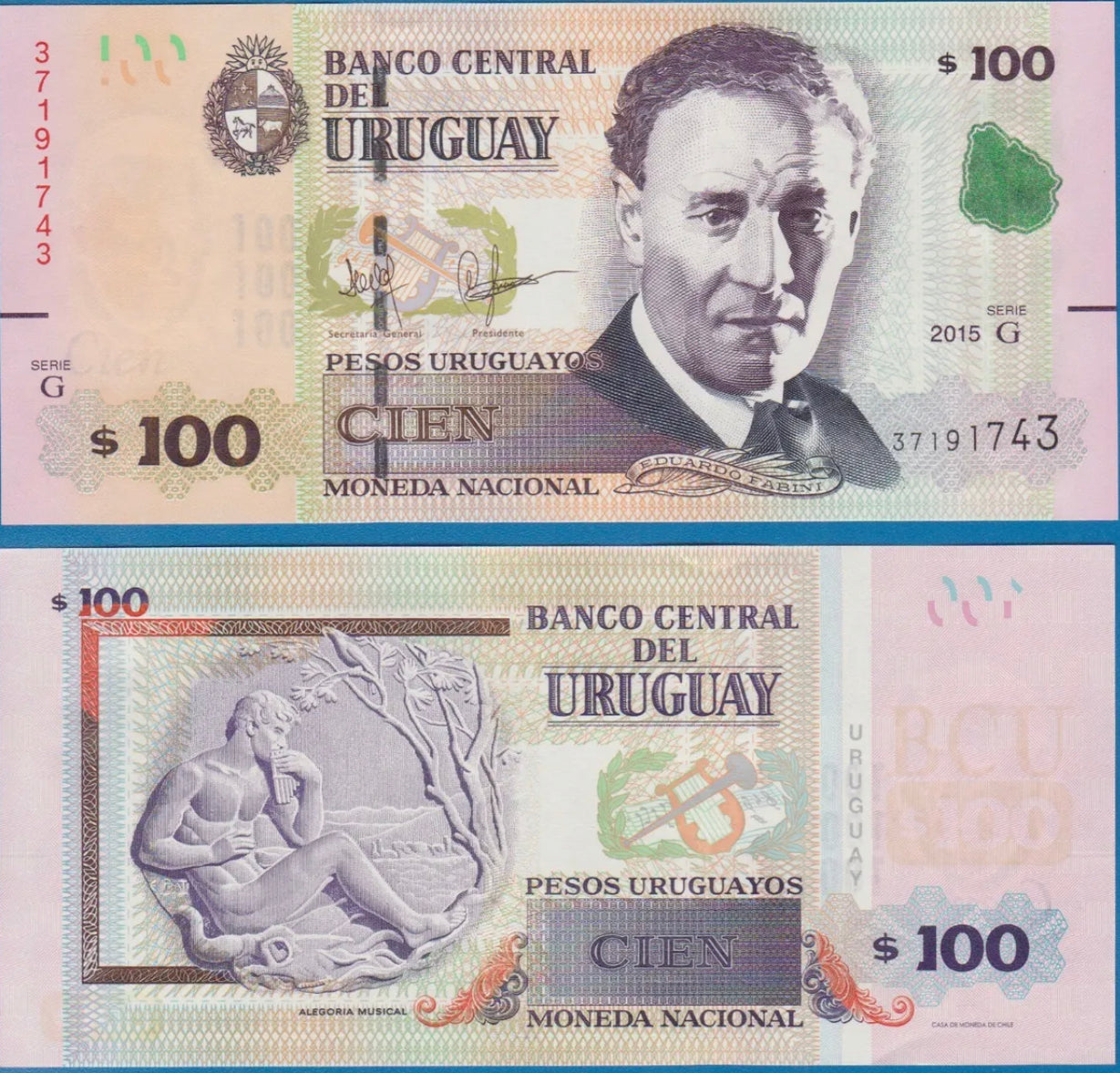 URUGUAY 100 Pesos Uruguayos P 95 2015 UNC Serie "G"