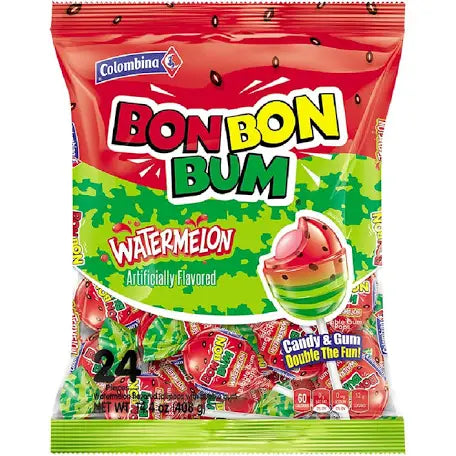 Colombina Bon Bon Bum Watermelon, Sandia, Patilla, Lollipop 24 Pcs