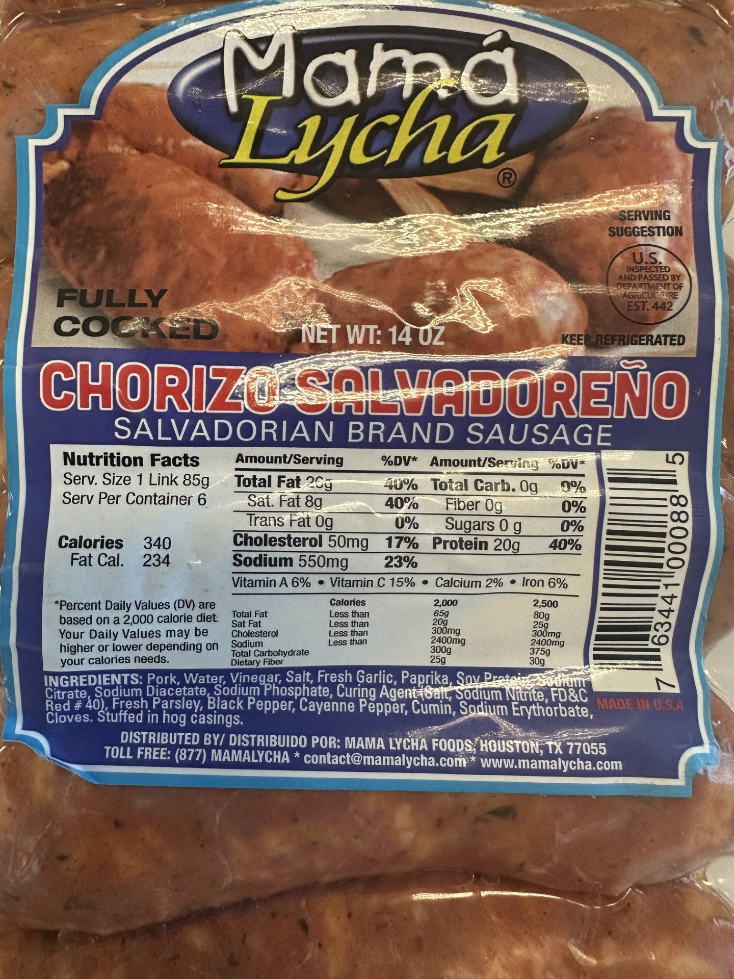 Nutrition Facts - Salvadoran Brand Sausage