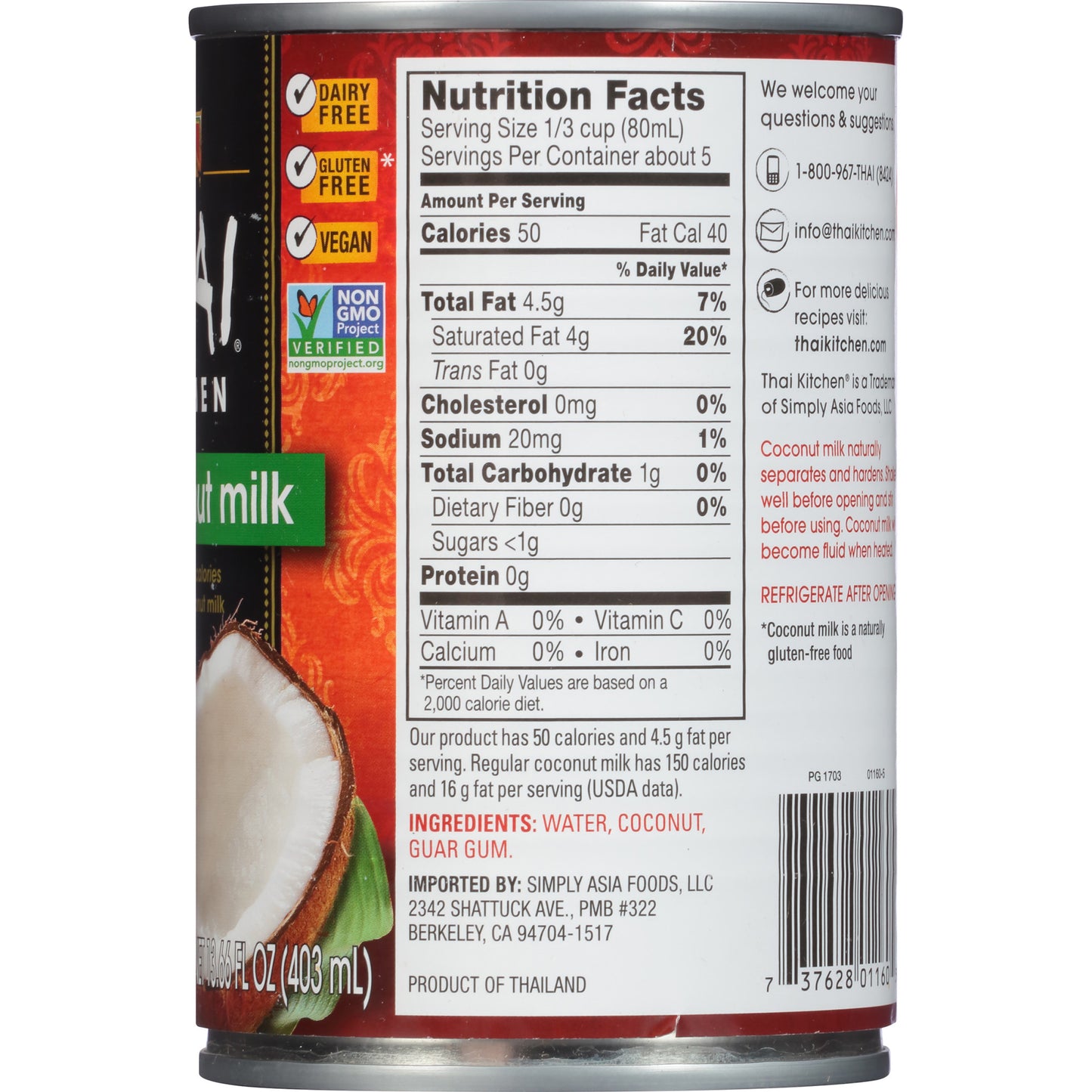 Thai Kitchen Gluten Free Lite Coconut Milk, 13.66 fl oz