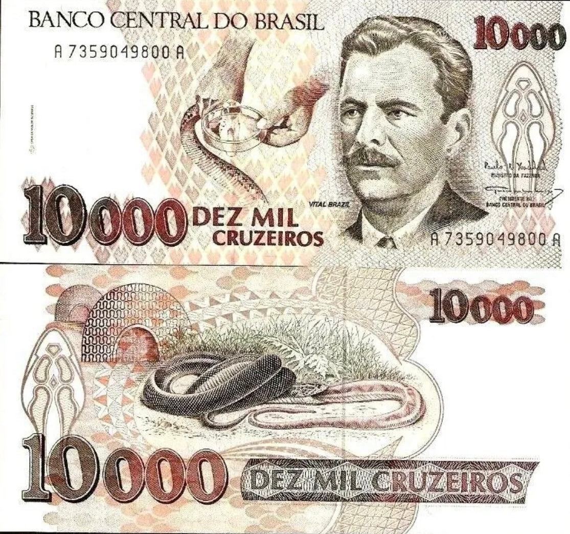 BRAZIL 10000 100,00 CRUZEIROS P-233 1993 SNAKE Animal UNC Wildlife CURRENCY NOTE