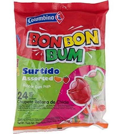 Bon Bon Bum Assorted Surtidos Bubble Gum Lollipops, 408gr Pack of 24
