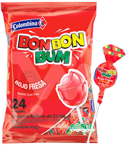 Bon Bon Bum Strawberry Fresa Bubble Gum Lollipops, 408gr Pack of 24