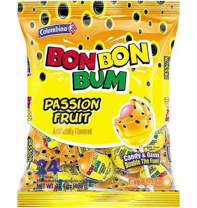 Bon Bon Bum Passion Fruit Bubble Gum Lollipops, Pack of 24 Maracuya
